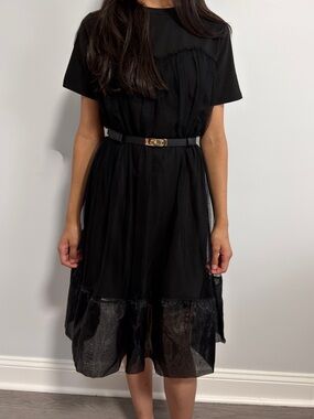 Black Short-Sleeve Midi Dress with Sheer Hem and Waist Belt